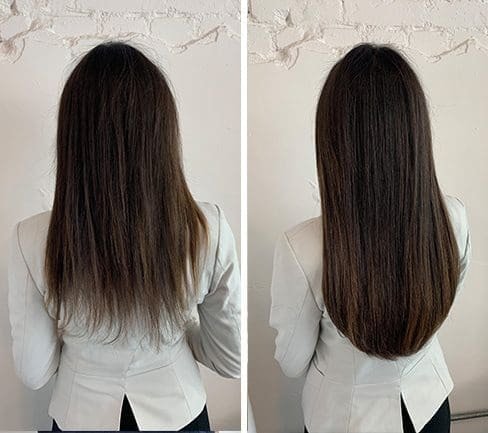 Haarverlängerung vor und nach den Ergebnissen eines Mädchens