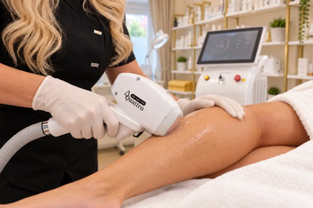 Eine Kosmetikerin mit Handschuhen führt ein weisses Laser-Handstück über den Unterschenkel einer Kundin.