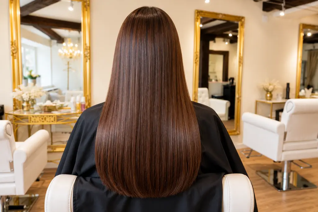 Rückansicht einer Frau mit langem, glänzendem und glattem braunem Haar im weiss-goldenen Stylingbereich.