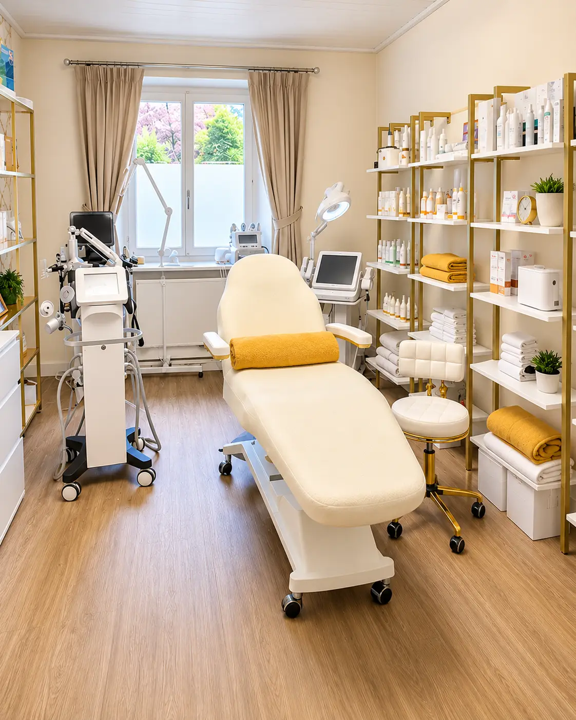 Heller Behandlungsraum mit cremefarbener Liege, Kosmetikgeräten und weiss-goldenen Regalen bei Future Beauty in Rheinfelden.