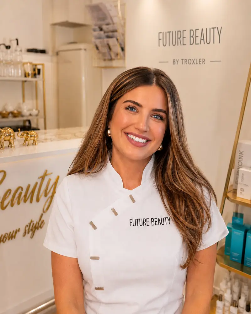 Zita Uyanik lächelt in weisser Arbeitskleidung im Studio von Future Beauty in Rheinfelden.