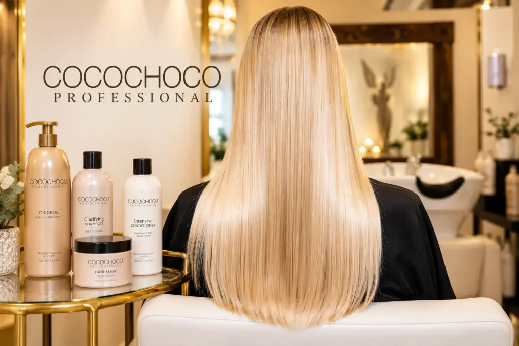 Glattes, glänzendes blondes Haar mit COCOCHOCO Professional Keratin-Haarpflege – KI-generierte Darstellung bei Future Beauty Rheinfelden.