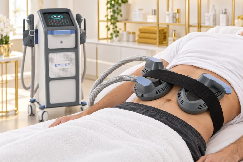EMSlim-Neo-Applikatoren mit schwarzem Haltegurt auf dem Bauch eines liegenden Mannes, das grau-weisse Gerät im Hintergrund.