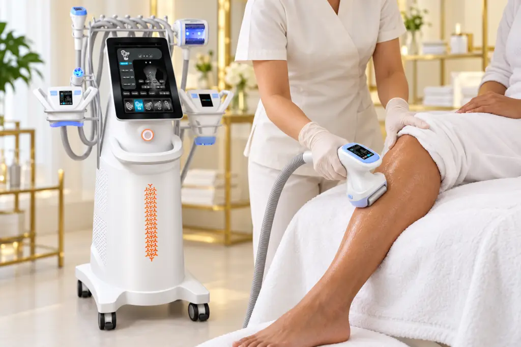 VelaShape V20 in Rheinfelden 2 Körperbehandlung am Unterschenkel mit einem weissen Vakuumroller, daneben das V20-Pro-Shaper-Gerät.